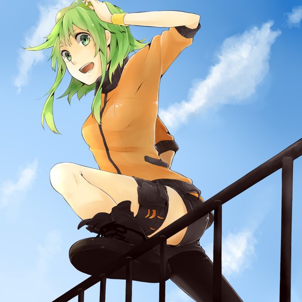 Anime picture 1400x1400 with vocaloid gumi single short hair open mouth smile green eyes sky green hair looking down sunglasses on head girl shorts boots bracelet sunglasses