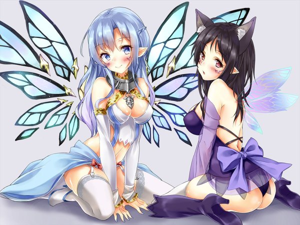 Anime picture 1200x900 with mabinogi marisasu (marisa0904) long hair looking at viewer blush fringe breasts blue eyes light erotic black hair simple background smile sitting bare shoulders multiple girls animal ears blue hair bent knee (knees) ass braid (braids)