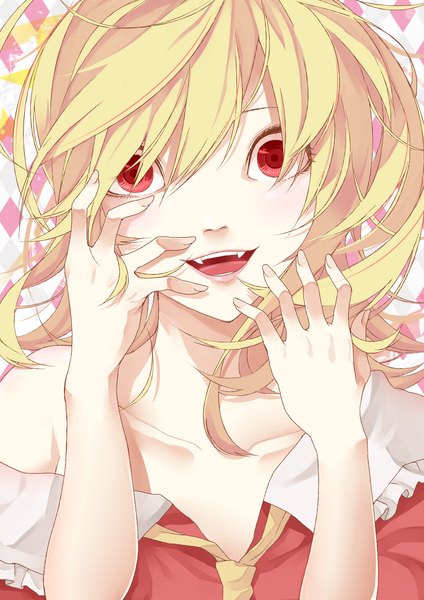 Anime picture 2480x3508 with touhou flandre scarlet haruba negi single long hair tall image looking at viewer highres open mouth blonde hair red eyes teeth fang (fangs) hands on face girl necktie