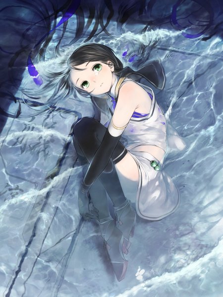 Anime picture 1050x1400 with kantai collection suzukaze destroyer suzume yuu single long hair tall image looking at viewer black hair green eyes bent knee (knees) lying wet looking up wet clothes leg hug girl thighhighs skirt gloves black thighhighs