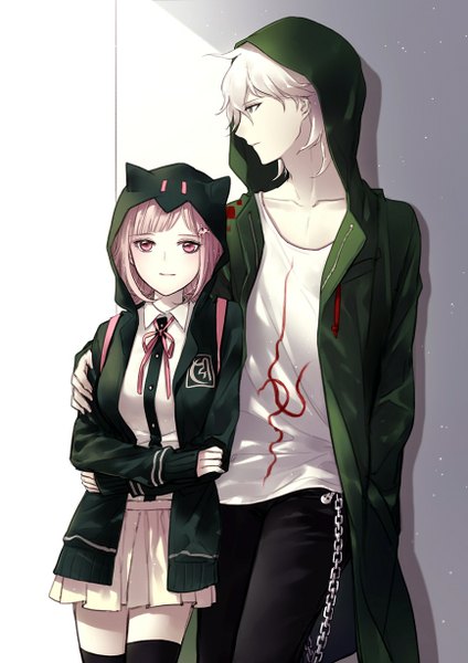 Anime picture 868x1228 with dangan ronpa super dangan ronpa 2 nanami chiaki komaeda nagito yasai (getsu) tall image short hair smile standing green eyes pink hair white hair profile pleated skirt pink eyes light smile sunlight open clothes open jacket couple