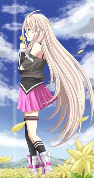 Anime picture 800x1511 with vocaloid ia (vocaloid) single tall image blue eyes standing holding looking away sky cloud (clouds) braid (braids) very long hair profile pleated skirt wind official art field girl thighhighs skirt
