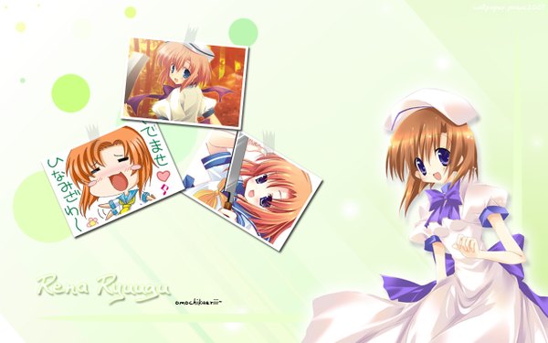 Anime picture 1280x800 with higurashi no naku koro ni studio deen ryuuguu rena single looking at viewer fringe short hair open mouth blue eyes simple background smile brown hair wide image holding payot eyes closed :d looking back inscription short sleeves