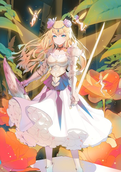Anime picture 900x1273 with original ronopu long hair tall image looking at viewer fringe light erotic blonde hair standing holding hair flower aqua eyes wind fantasy fairy girl dress hair ornament flower (flowers) weapon