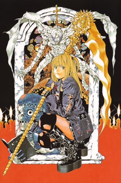 Anime picture 2987x4500 with death note madhouse amane misa rem (death note) obata takeshi long hair tall image looking at viewer highres blue eyes blonde hair smile white hair gothic girl weapon wings jacket cross skull