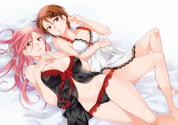 Anime picture 1271x900 with kuroko no basket production i.g momoi satsuki aida riko hatsubi long hair looking at viewer short hair breasts light erotic simple background red eyes brown hair white background multiple girls pink hair lying bare legs midriff legs