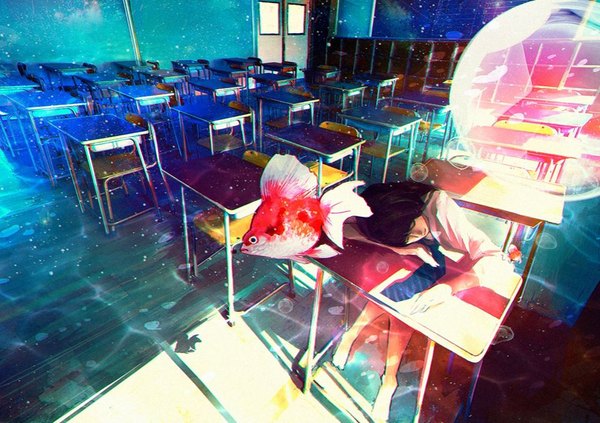 Anime picture 960x677 with original wataboku single fringe black hair sitting indoors head tilt barefoot shadow leaning leaning forward sleeping classroom girl animal shirt water necktie white shirt