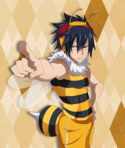 Anime picture 1076x1276 with fairy tail gray fullbuster nobume tall image short hair black hair standing tail black eyes coloring pointing rhombus boy wings suit bee