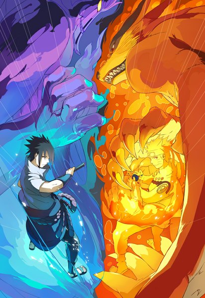 Anime picture 687x1000 with naruto studio pierrot naruto (series) uzumaki naruto uchiha sasuke kurama (kyuubi) oba-min tall image fringe short hair black hair blonde hair holding from above multiple boys facial mark fighting stance whisker markings glow jinchuriki