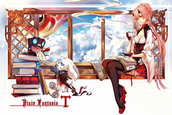 Anime picture 1000x672 with original pixiv fantasia pixiv fantasia t kingchenxi long hair looking at viewer smile standing sitting twintails animal ears yellow eyes looking away pink hair sky cloud (clouds) bent knee (knees) tail long sleeves animal tail