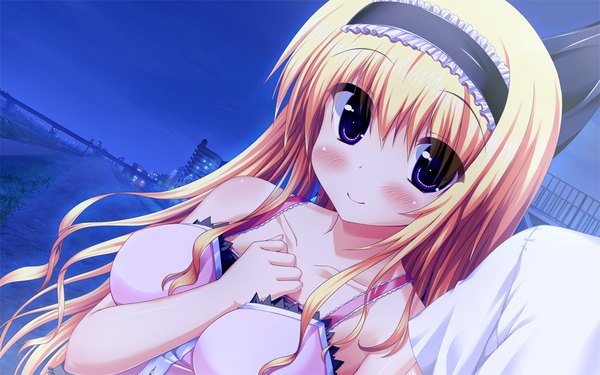 Anime picture 1024x640 with ore no kanojo no uraomote narugasaki kanna long hair blush blonde hair smile wide image purple eyes game cg night dutch angle night sky hand on chest solo focus between breasts head out of frame girl hairband