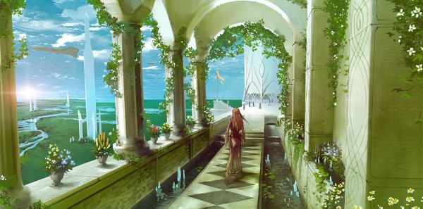 Anime picture 1200x595 with original mary (pixiv) single brown hair wide image sky cloud (clouds) sunlight back evening sunset landscape river girl dress flower (flowers) plant (plants) water flag arch