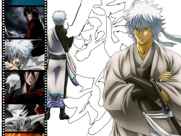 Anime picture 1024x768 with gintama sunrise (studio) sakata gintoki shiroyasha short hair white hair traditional clothes from behind back crossed arms samurai boy weapon sword katana blood hachimaki