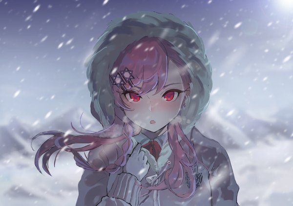 Anime picture 2480x1748 with girls frontline negev (girls' frontline) jingo single long hair looking at viewer fringe highres open mouth pink hair upper body outdoors pink eyes :o snowing snow girl hair ornament hood winter clothes