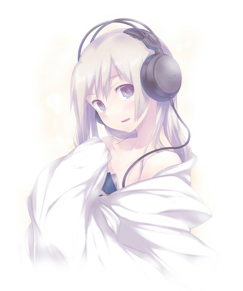 Anime picture 892x1068 with original nanakusa single long hair tall image looking at viewer blush open mouth simple background blonde hair white background purple eyes bare shoulders silver hair girl headphones bedsheet