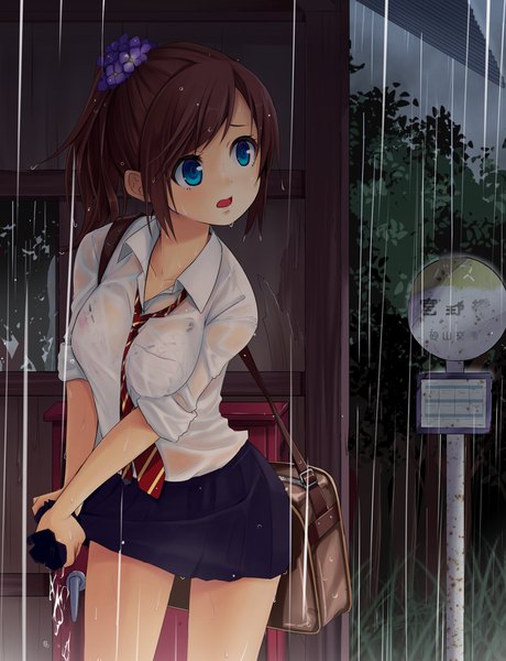 Anime picture 800x1042 with original meso-meso single tall image short hair open mouth blue eyes brown hair looking away rain wet clothes wringing clothes girl skirt uniform school uniform necktie
