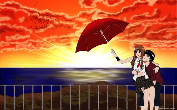 Anime picture 1920x1200 with original tagme (artist) long hair blush highres short hair smile wide image sky wallpaper couple evening sunset horizon girl boy uniform school uniform animal shirt