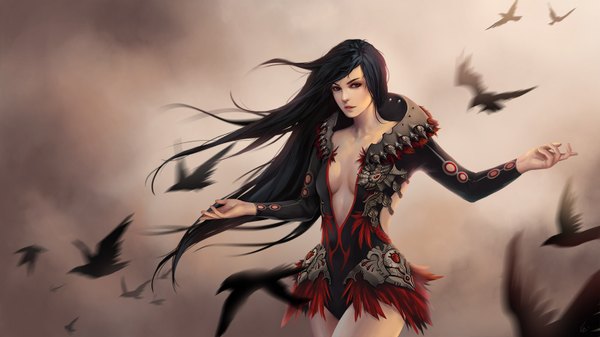 Anime picture 1600x900 with unodu single long hair looking at viewer light erotic black hair wide image brown eyes lips no bra girl animal bird (birds) clothes crow