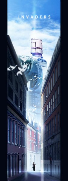 Anime picture 375x1000 with original zonmin single tall image standing sky cloud (clouds) sunlight inscription flying street girl animal bird (birds) building (buildings)