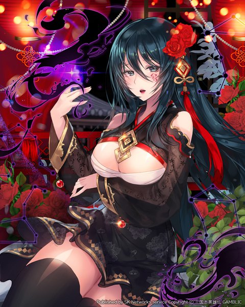 Anime picture 800x1000 with original apple caramel single long hair tall image looking at viewer blush fringe breasts light erotic hair between eyes large breasts blue hair parted lips hair flower lips wide sleeves sparkle tattoo zettai ryouiki