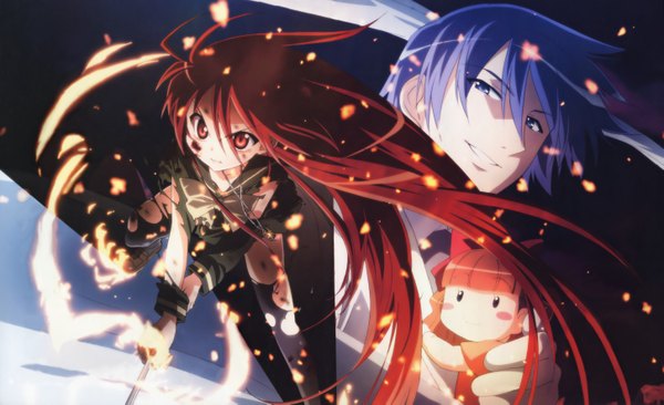 Anime picture 5803x3545 with shakugan no shana j.c. staff shana friagne marianne (shakugan no shana) ootsuka mai looking at viewer highres short hair blue eyes red eyes wide image blue hair red hair very long hair gradient background torn clothes looking up third-party edit girl
