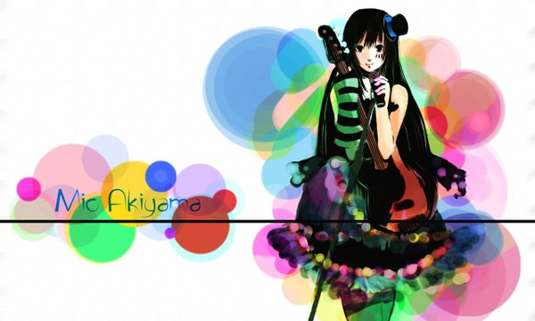 Anime picture 1280x768 with k-on! kyoto animation akiyama mio katari single long hair looking at viewer black hair wide image white background character names girl hat microphone mini hat mini top hat