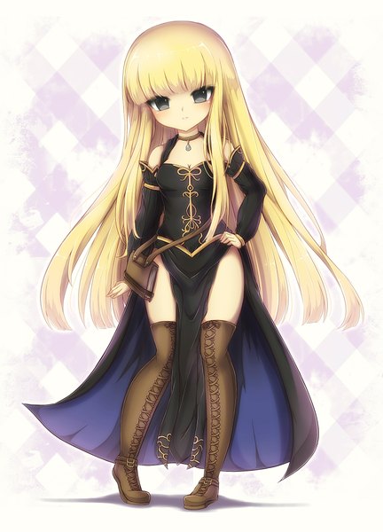 Anime picture 1500x2080 with original midna01 single long hair tall image looking at viewer blush fringe blonde hair standing black eyes hand on hip girl dress boots thigh boots bag