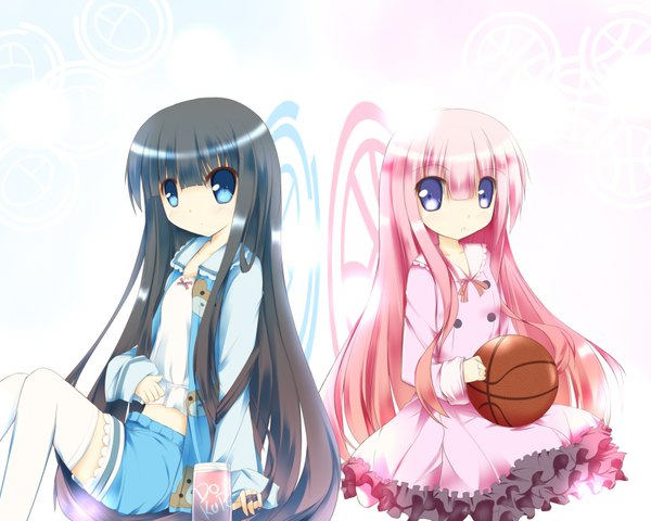 Anime picture 1750x1401 with ro-kyu-bu! kamisama no memochou project no.9 shionji yuuko (alice) hakamada hinata fuuna long hair highres blue eyes black hair multiple girls pink hair loli crossover girl dress 2 girls ball basketball ball