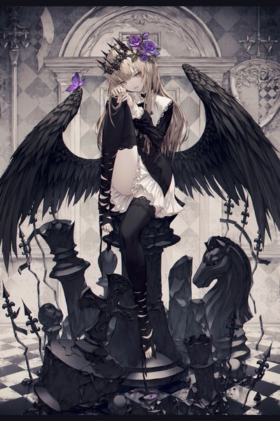 Anime picture 1335x2000 with original wanke single long hair tall image looking at viewer fringe hair between eyes brown hair sitting full body parted lips grey eyes no shoes letterboxed black wings checkered floor floor hand on knee girl