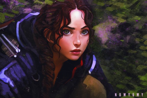 Anime picture 900x600 with the hunger games katniss everdeen numyumy single long hair blush brown hair green eyes signed braid (braids) lips realistic lipstick single braid wavy hair looking up eyebrows pink lipstick girl hood
