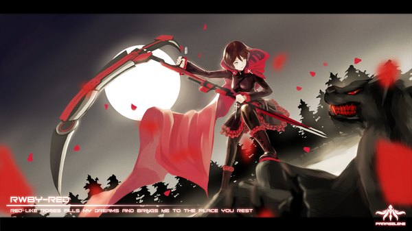 Anime picture 1920x1080 with rwby rooster teeth ruby rose paraselene single highres short hair brown hair wide image yellow eyes inscription girl dress petals boots moon cross full moon cap monster
