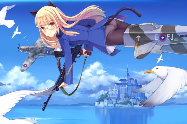 Anime picture 1575x1050 with strike witches perrine h clostermann yokaze japan single long hair blush light erotic blonde hair brown eyes sky cloud (clouds) pantyshot flying girl underwear panties weapon animal pantyhose glasses