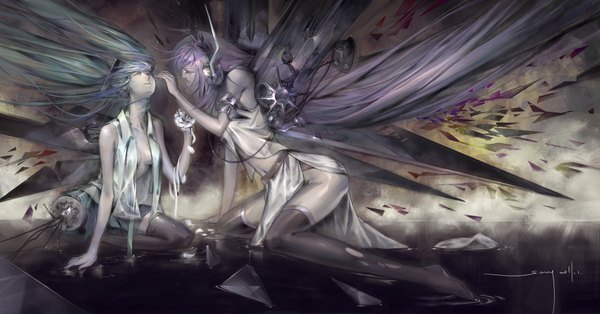 Anime picture 1909x1000 with vocaloid hatsune miku megurine luka cathycat (artist) long hair highres wide image sitting twintails multiple girls purple hair eyes closed aqua hair open clothes kneeling mechanical parts amputee girl thighhighs skirt