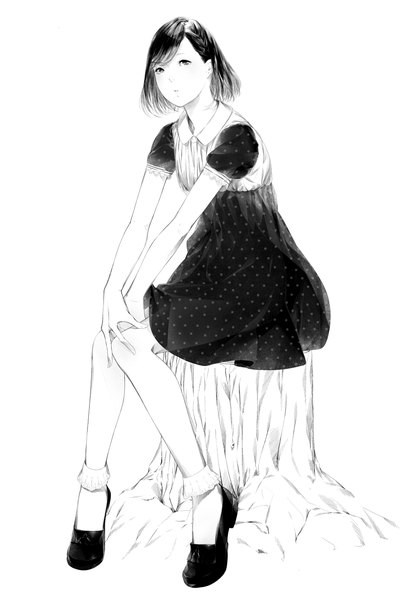 Anime picture 1000x1451 with original sousou (sousouworks) single tall image looking at viewer short hair black hair simple background white background sitting full body black eyes monochrome polka dot girl dress socks shoes white socks stump