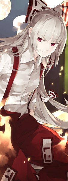 Anime picture 400x1053 with touhou fujiwara no mokou shihou (g-o-s) single long hair tall image fringe smile looking away sky pink eyes grey hair night night sky open collar hand in pocket girl bow plant (plants) hair bow