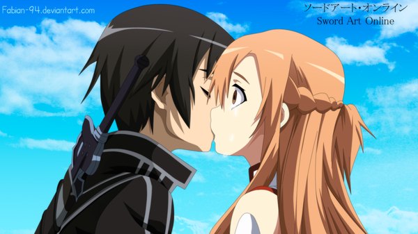 Anime picture 1500x843 with sword art online a-1 pictures yuuki asuna kirigaya kazuto fabiansm long hair short hair black hair brown hair wide image brown eyes sky cloud (clouds) eyes closed profile inscription coloring kiss girl boy