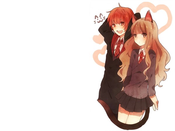 Anime picture 1024x768 with harry potter hermione granger ron weasley long hair blush short hair open mouth simple background blonde hair white background brown eyes animal ears cat ears orange hair cat girl cat tail orange eyes arms behind head girl boy
