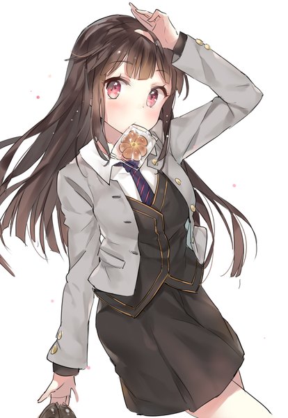 Anime picture 750x1085 with tagme (copyright) tagme (character) yuran (cozyquilt) single long hair tall image looking at viewer black hair simple background red eyes white background holding mouth hold girl skirt uniform school uniform necktie cookie (cookies)