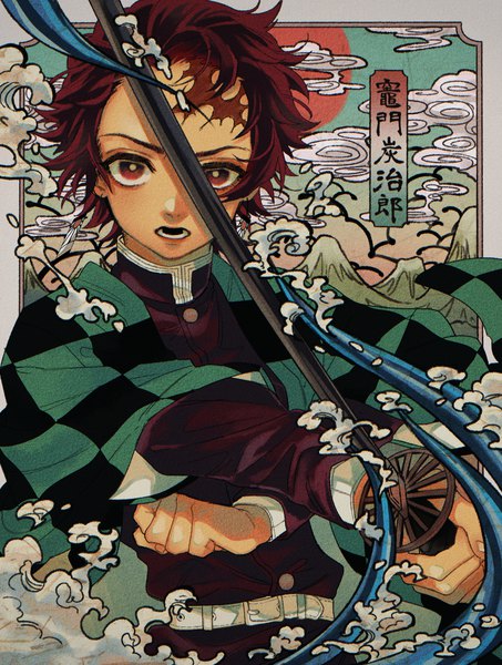 Anime picture 1000x1324 with kimetsu no yaiba ufotable kamado tanjirou kajino single tall image looking at viewer short hair open mouth red eyes brown hair upper body traditional clothes japanese clothes character names scar checkered boy uniform weapon