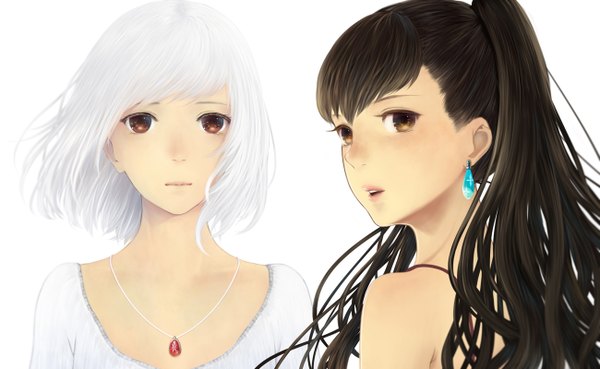 Anime picture 1300x800 with original bounin long hair short hair open mouth black hair simple background brown hair wide image white background bare shoulders multiple girls brown eyes white hair ponytail light smile grey hair back girl 2 girls