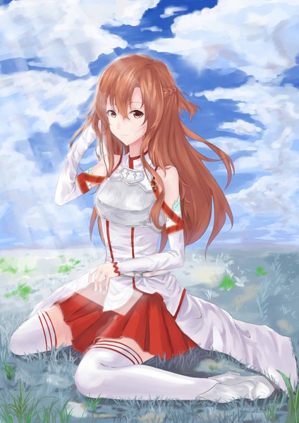 Anime picture 1200x1697 with sword art online a-1 pictures yuuki asuna wenhe single long hair tall image looking at viewer fringe smile brown hair brown eyes sky cloud (clouds) braid (braids) sunlight adjusting hair sunbeam girl thighhighs