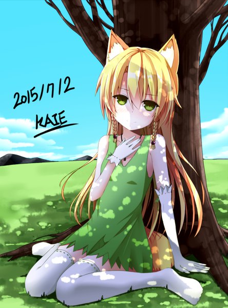 Anime picture 1000x1350 with original kaie single long hair tall image looking at viewer fringe blonde hair smile hair between eyes sitting green eyes signed animal ears sky cloud (clouds) tail braid (braids) animal tail arm support
