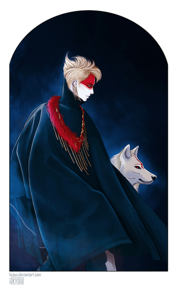 Anime picture 726x1200 with original kyoux (artist) tall image short hair blonde hair profile dark background pale skin face paint boy animal choker fur cape cloak necklace wolf