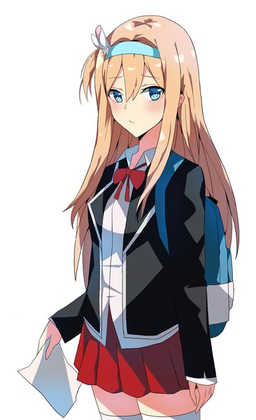 Anime picture 1200x1963 with girls frontline suomi kp31 (girls frontline) ururu single long hair tall image looking at viewer blush fringe blue eyes simple background blonde hair hair between eyes standing white background alternate costume zettai ryouiki one side up girl thighhighs