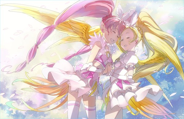 Anime picture 1169x758 with precure suite precure toei animation houjou hibiki minamino kanade cure melody cure rhythm mikurou (miku toshiro) long hair blush open mouth blonde hair smile standing twintails multiple girls pink hair sky cloud (clouds) ponytail