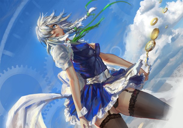 Anime picture 1200x845 with touhou izayoi sakuya youyi (jiam009) single looking at viewer blush fringe short hair blue eyes light erotic holding sky cleavage cloud (clouds) braid (braids) lips grey hair hair over one eye maid twin braids