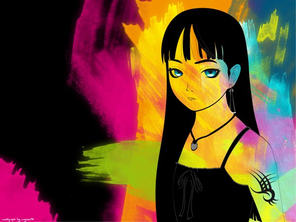 Anime picture 1600x1200 with original range murata vagoverto single long hair looking at viewer fringe blue eyes black hair bare shoulders scan flat chest vector third-party edit expressionless girl earrings pendant camisole tagme