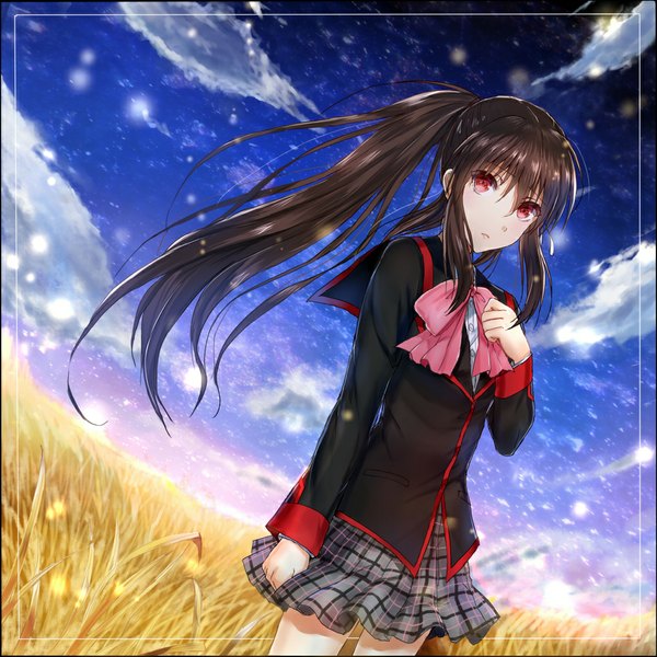 Anime picture 1020x1020 with little busters! key (studio) natsume rin sakamuke single long hair red eyes brown hair twintails cloud (clouds) ponytail field girl skirt uniform school uniform bowtie