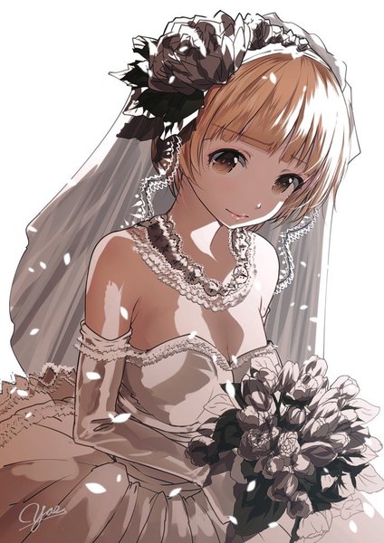 Anime picture 724x1024 with idolmaster idolmaster million live! fukuda noriko yae (mono110) single tall image looking at viewer fringe short hair breasts simple background blonde hair smile white background bare shoulders brown eyes signed cleavage upper body blunt bangs