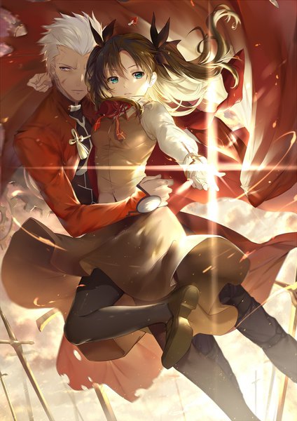 Anime picture 1562x2208 with fate (series) fate/stay night toosaka rin archer (fate) ekita xuan long hair tall image fringe short hair blue eyes hair between eyes brown hair standing green eyes white hair two side up hug lens flare dark skin standing on one leg